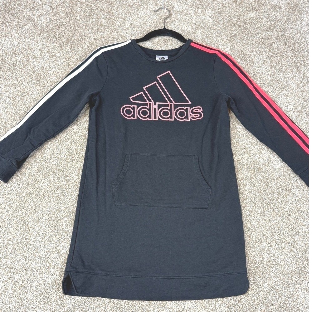 Adidas Girls Black Pink Mismatched Stripe Sweatshirt Dress M 10 12 Athleisure